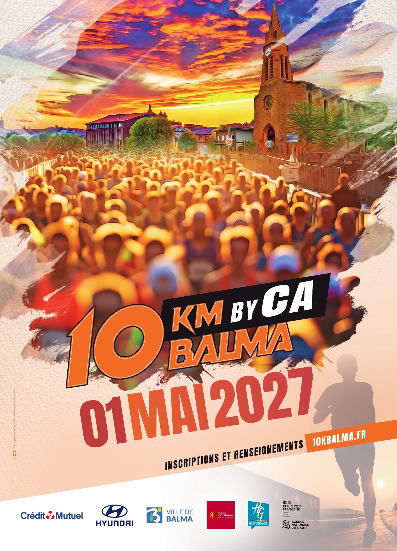 Affiche des 10 km de Balma, 1er mai 2027 : une foule de coureurs devant les quais de Toulouse au coucher du soleil.
